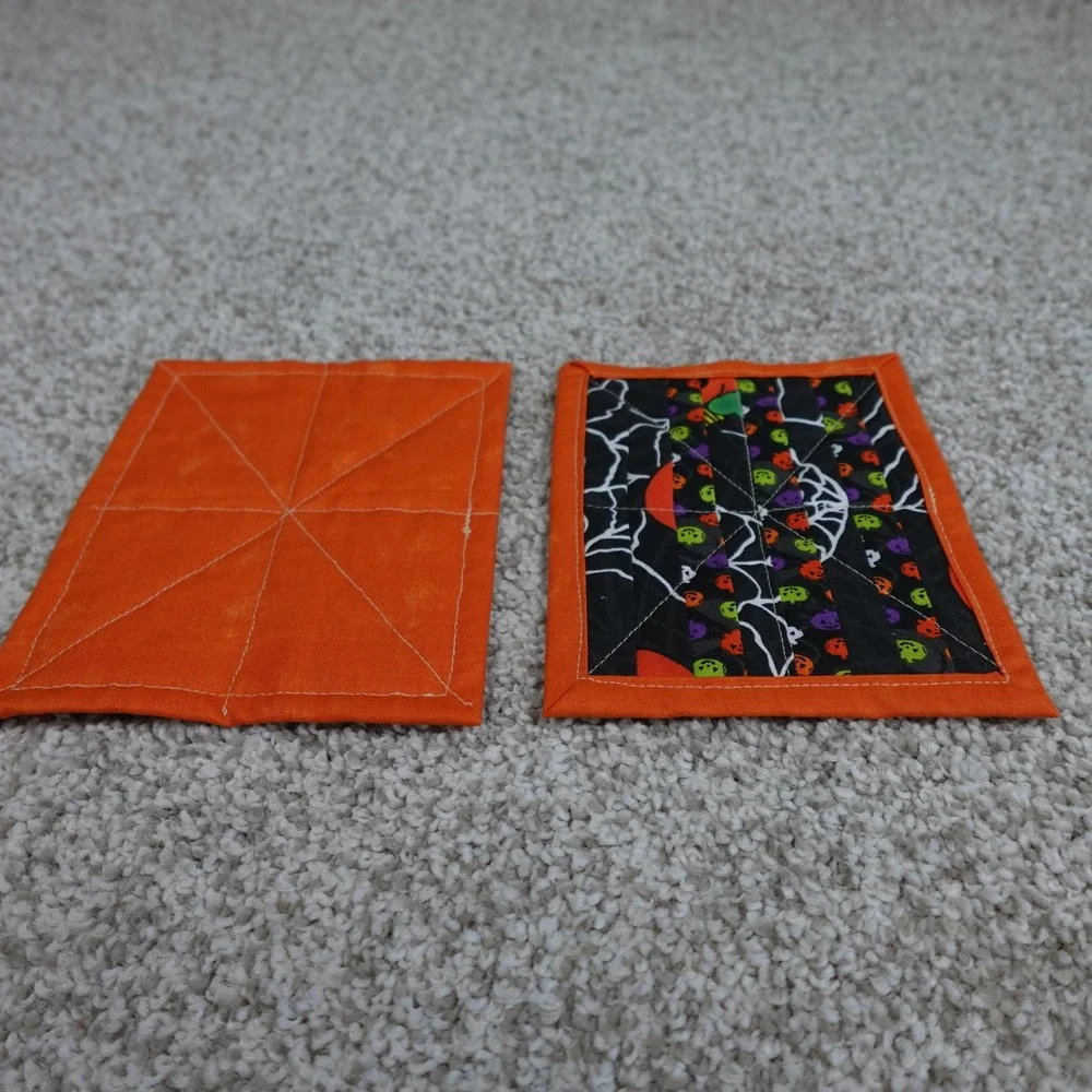 Handmade Quilted Mug Rugs Halloween Jack o' Lantern Spider Web Coasters Set of 2